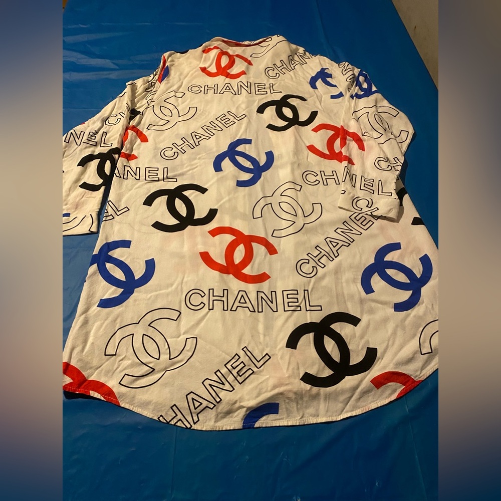 CHANEL White Shirt dress with Red, Blue, and Black Logos